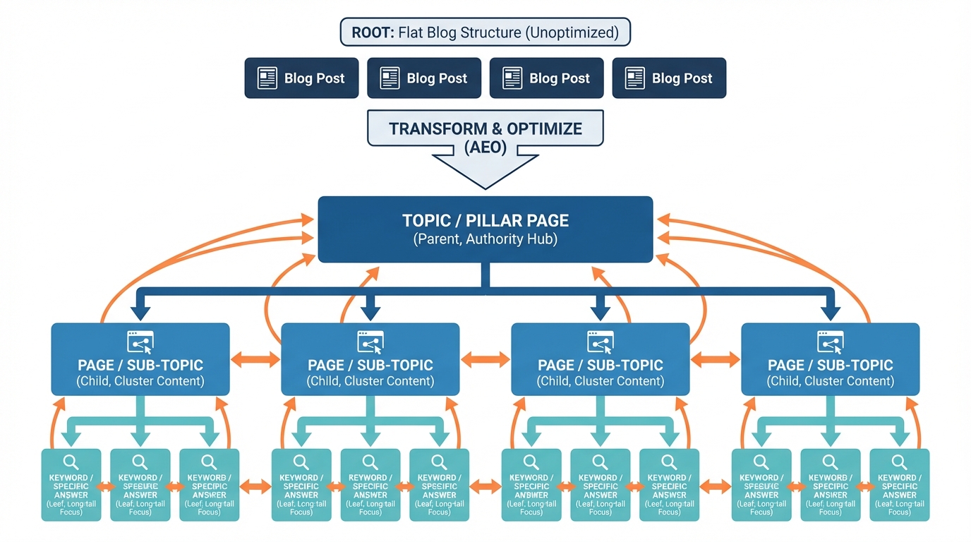 Diagram showing transformation from flat blog structure to pyramid-shaped Topic to Page to Keyword hierarchy