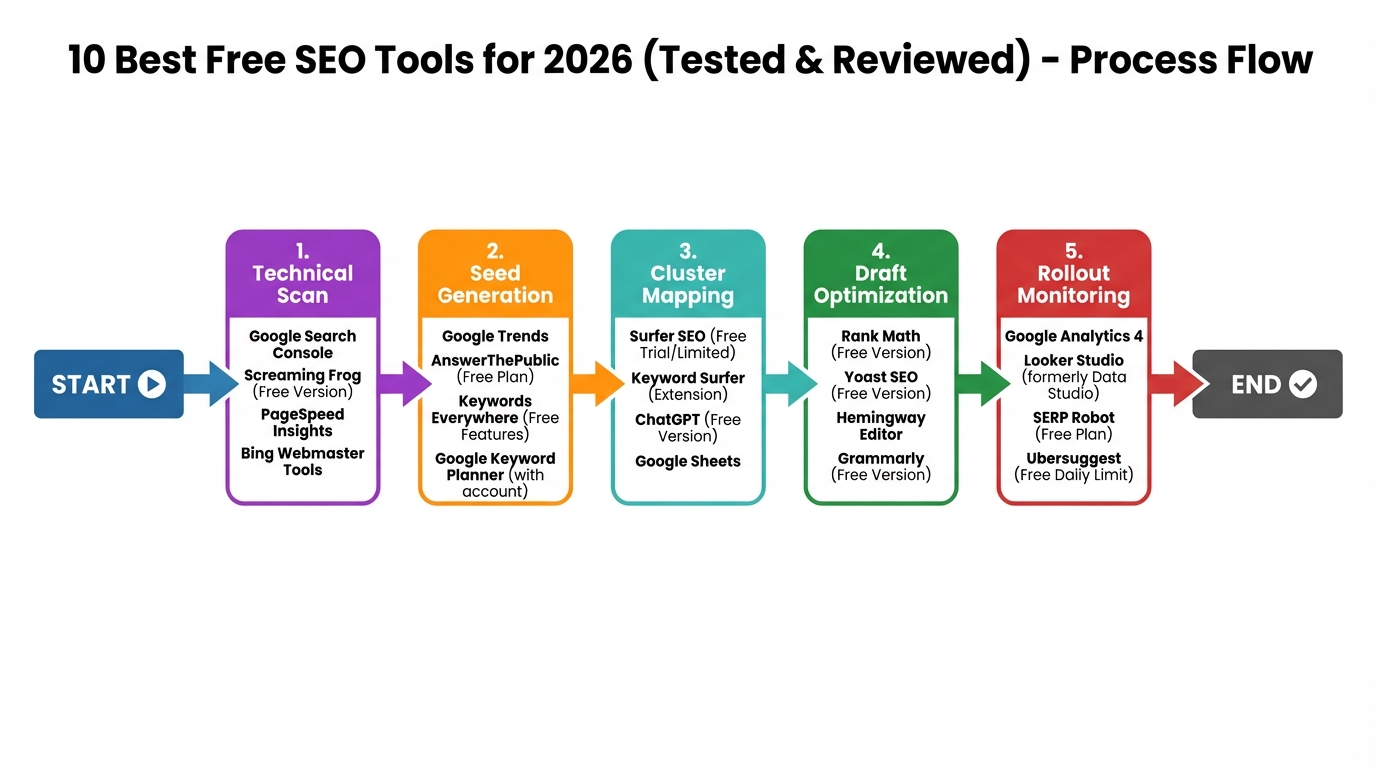 5-step flowchart detailing the zero-cost SEO workflow from technical scanning to rollout monitoring