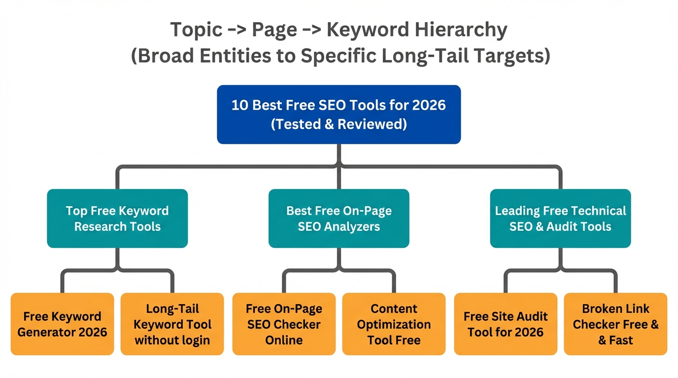 Diagram illustrating topics-first SEO methodology with topic to page to keyword hierarchy