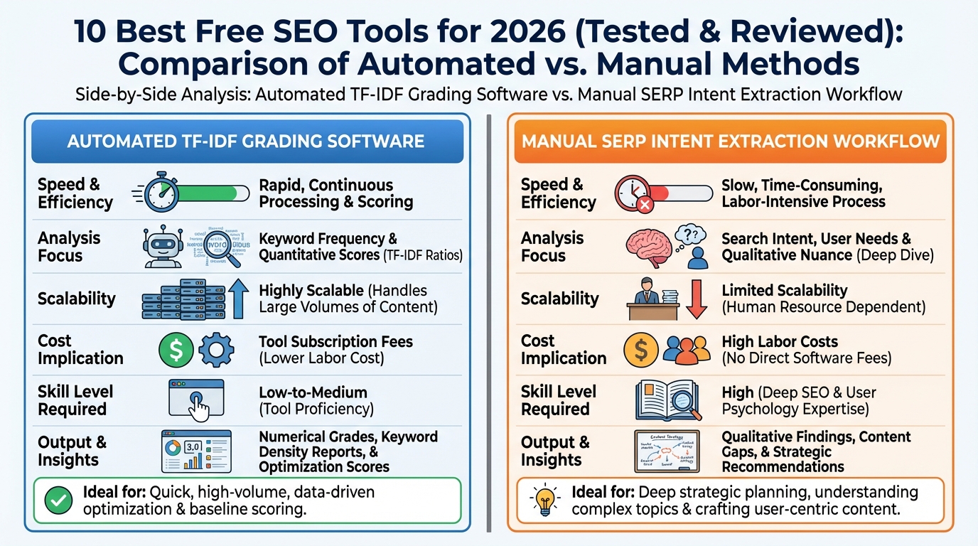 Comparison graphic showing expensive TF-IDF software next to a manual zero-cost SERP intent extraction process