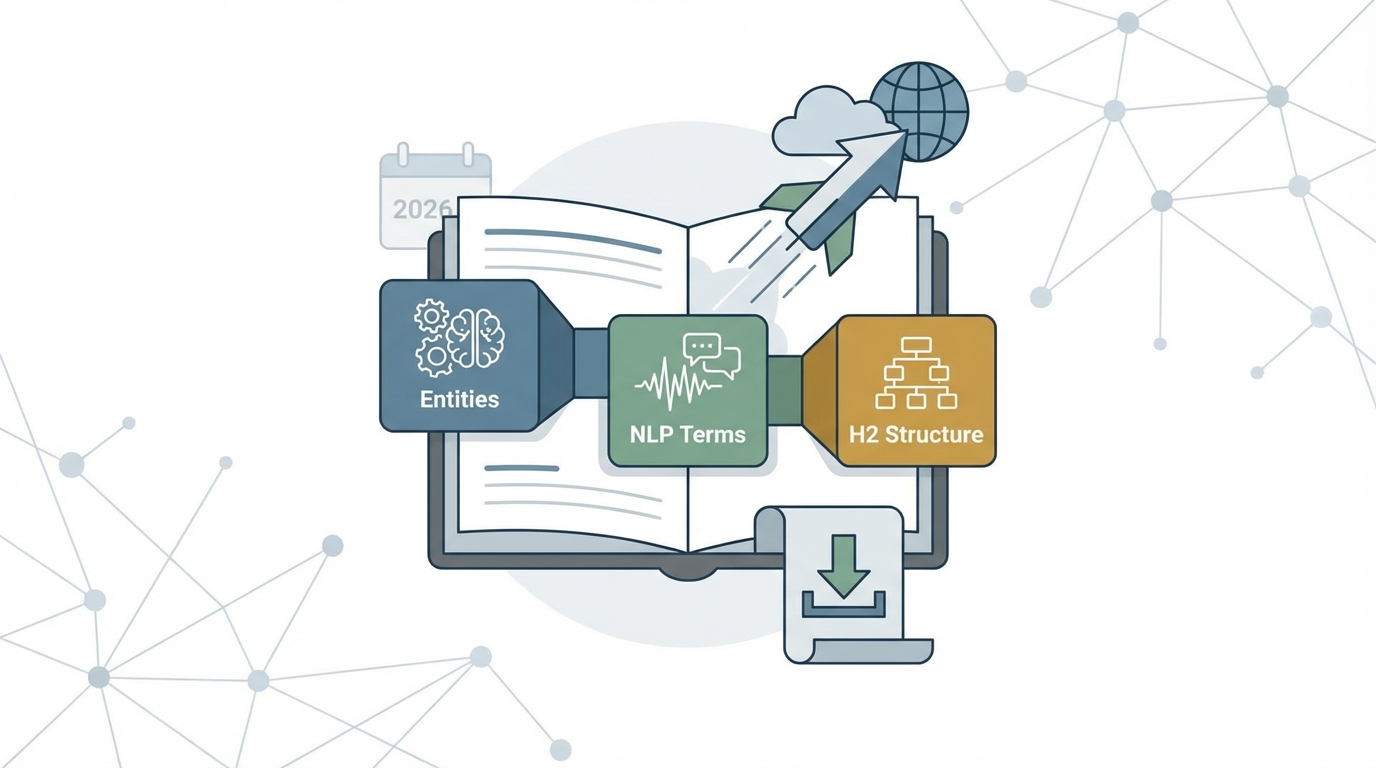 Illustration of an AI Content Brief PDF template displaying strict structural and entity guidelines
