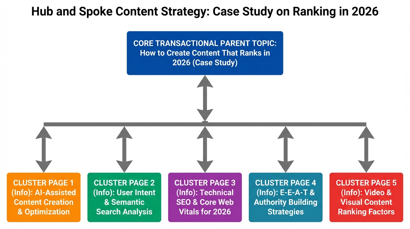 Diagram showing a Topic Hierarchy with a central hub page and five connected cluster pages