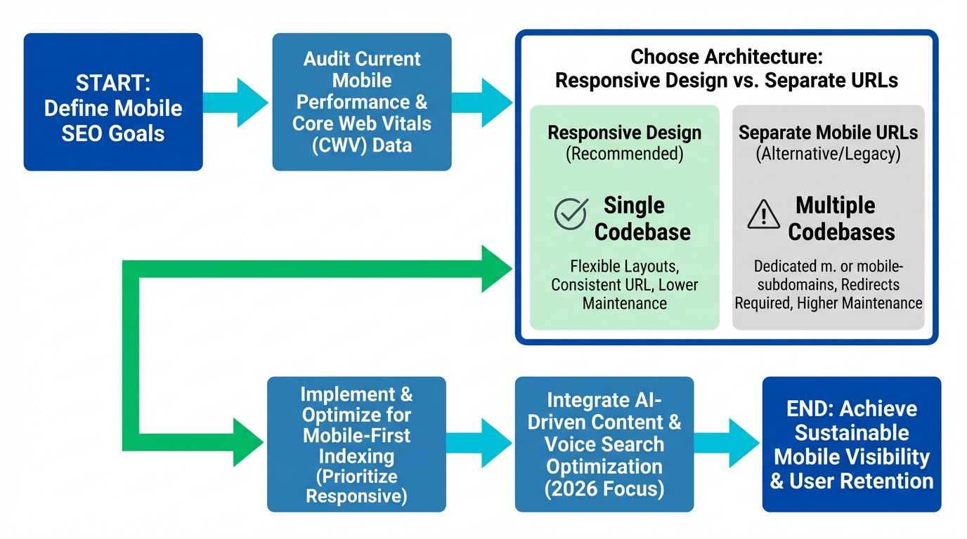 comparison:Side-by-side comparison diagram of responsive design versus separate mobile URLs, highlighting a single codebase for responsive