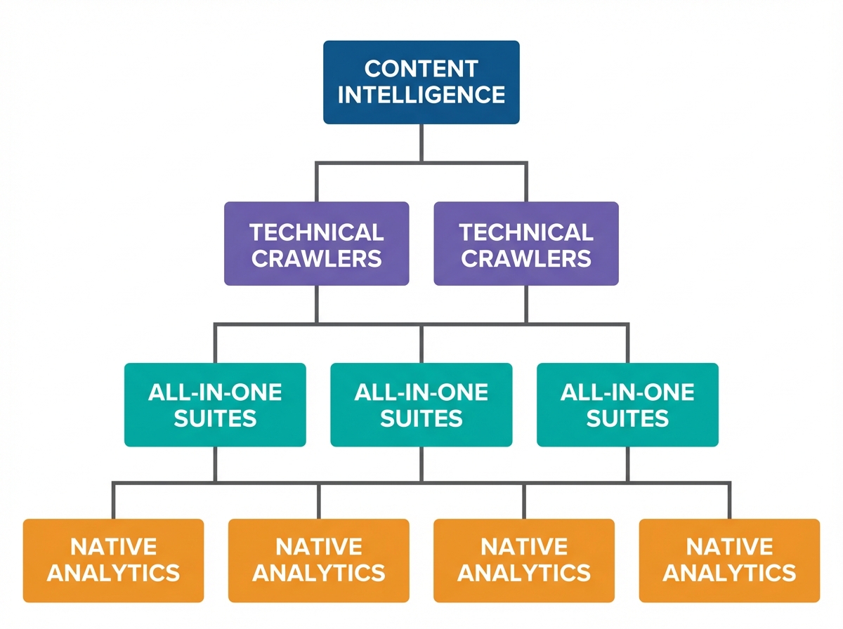 Pyramid diagram of a strategic SEO tool stack hierarchy