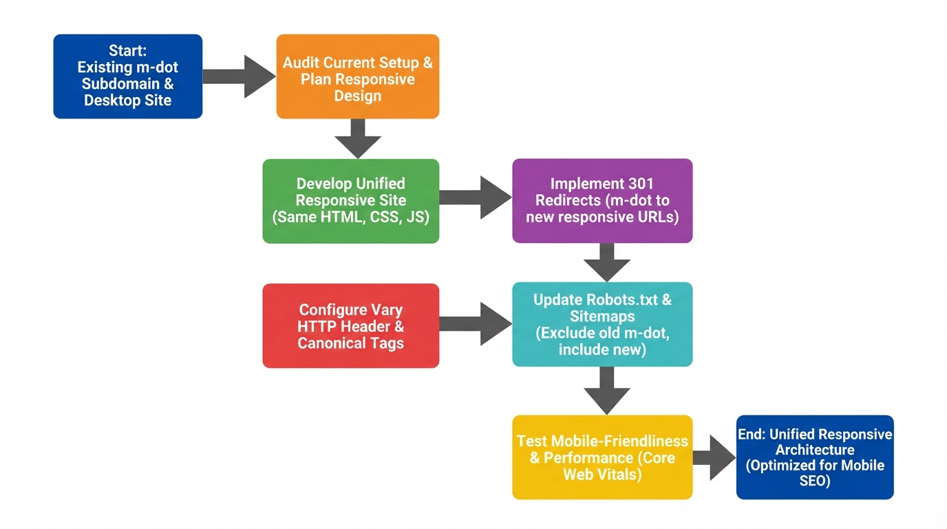 Process diagram for migrating mobile subdomains to a responsive design