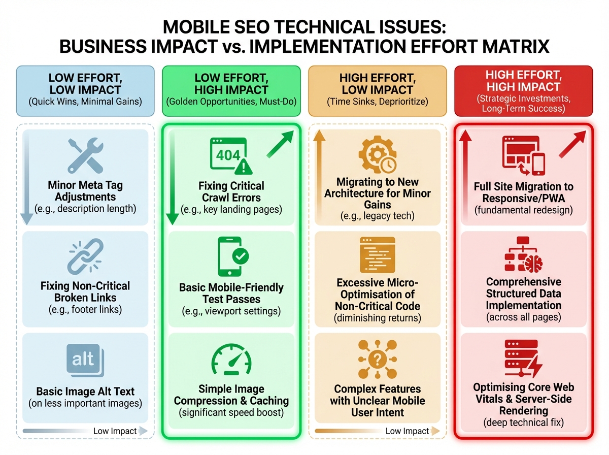 Impact vs effort matrix for mobile SEO technical fixes