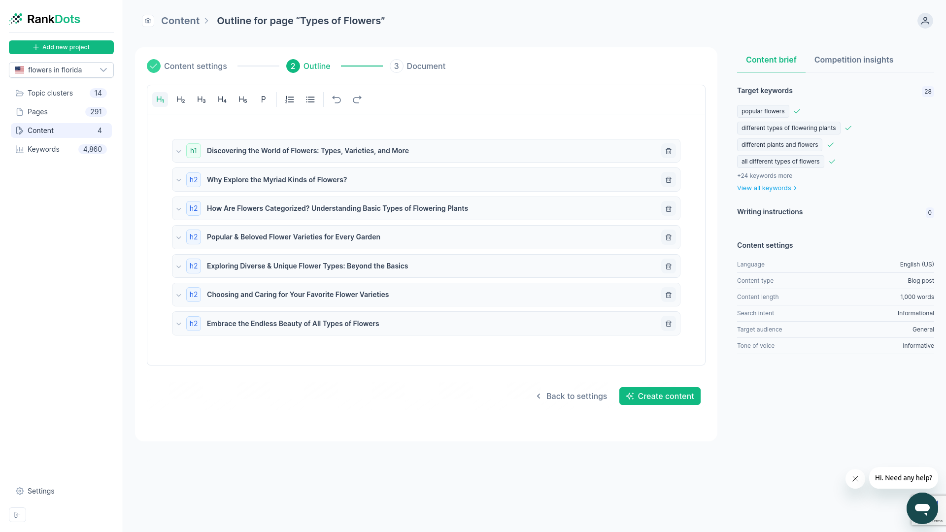 RankDots AI content brief generator showing structural format requirements based on search intent