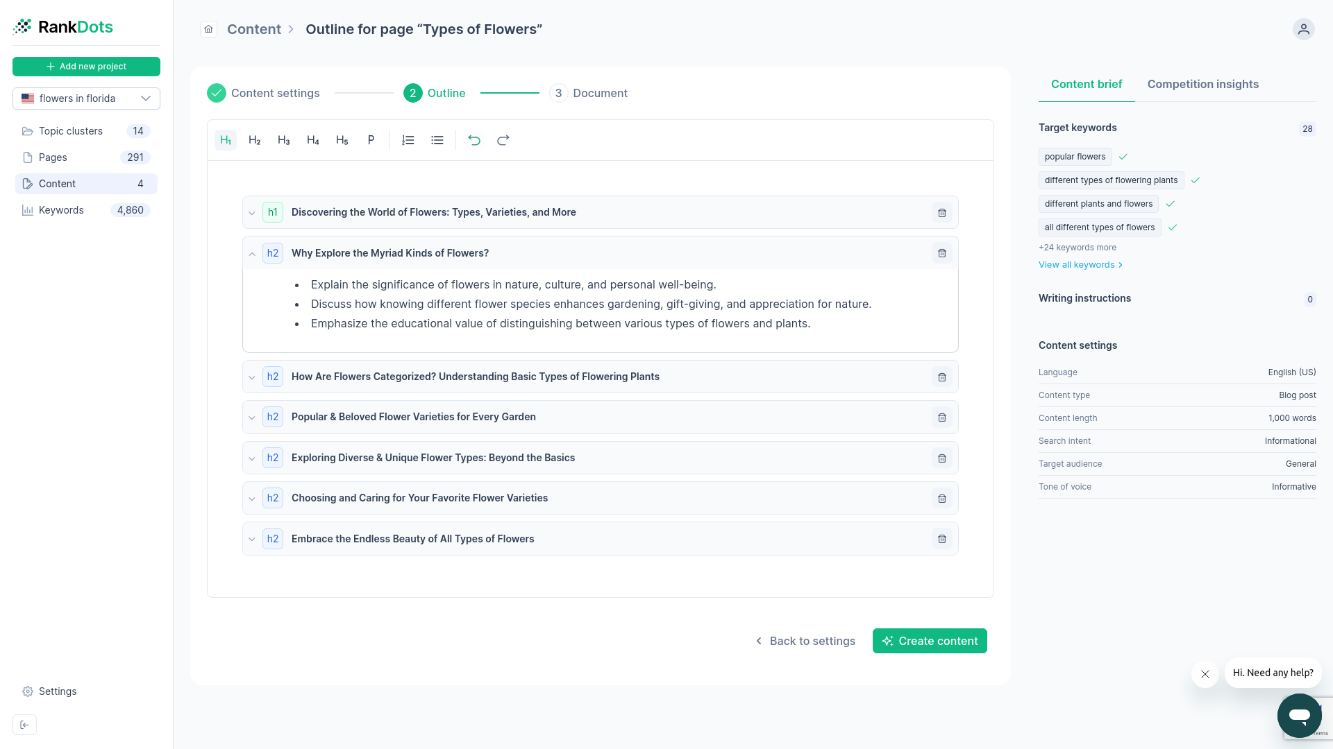 RankDots Document Outline tool displaying a structured Topic to Page to Keyword hierarchy