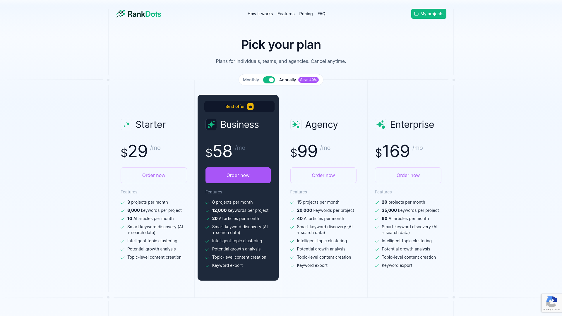 RankDots pricing tiers displaying limits for keywords, topic hierarchies, and content briefs